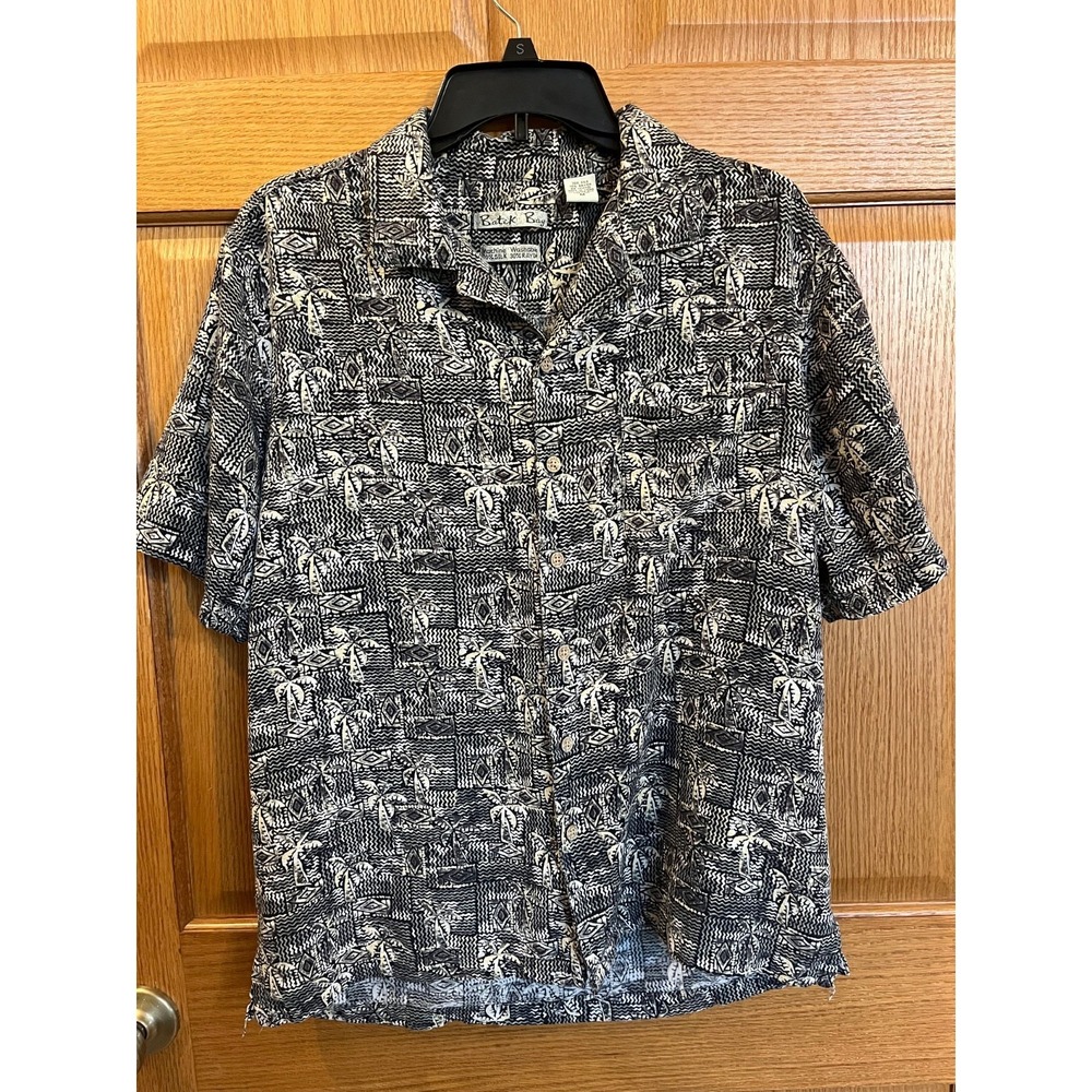 Vintage Batik Bay Men's Black Tan Hawaiian Casual Summer Beach Shirt Size M